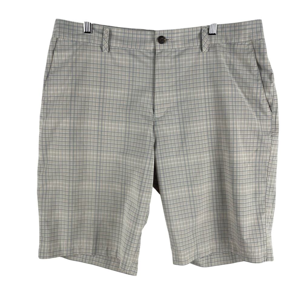 Adidas Mens Golf Shorts Size 36 Tan Blue Plaid Performance Climalite Flat Front